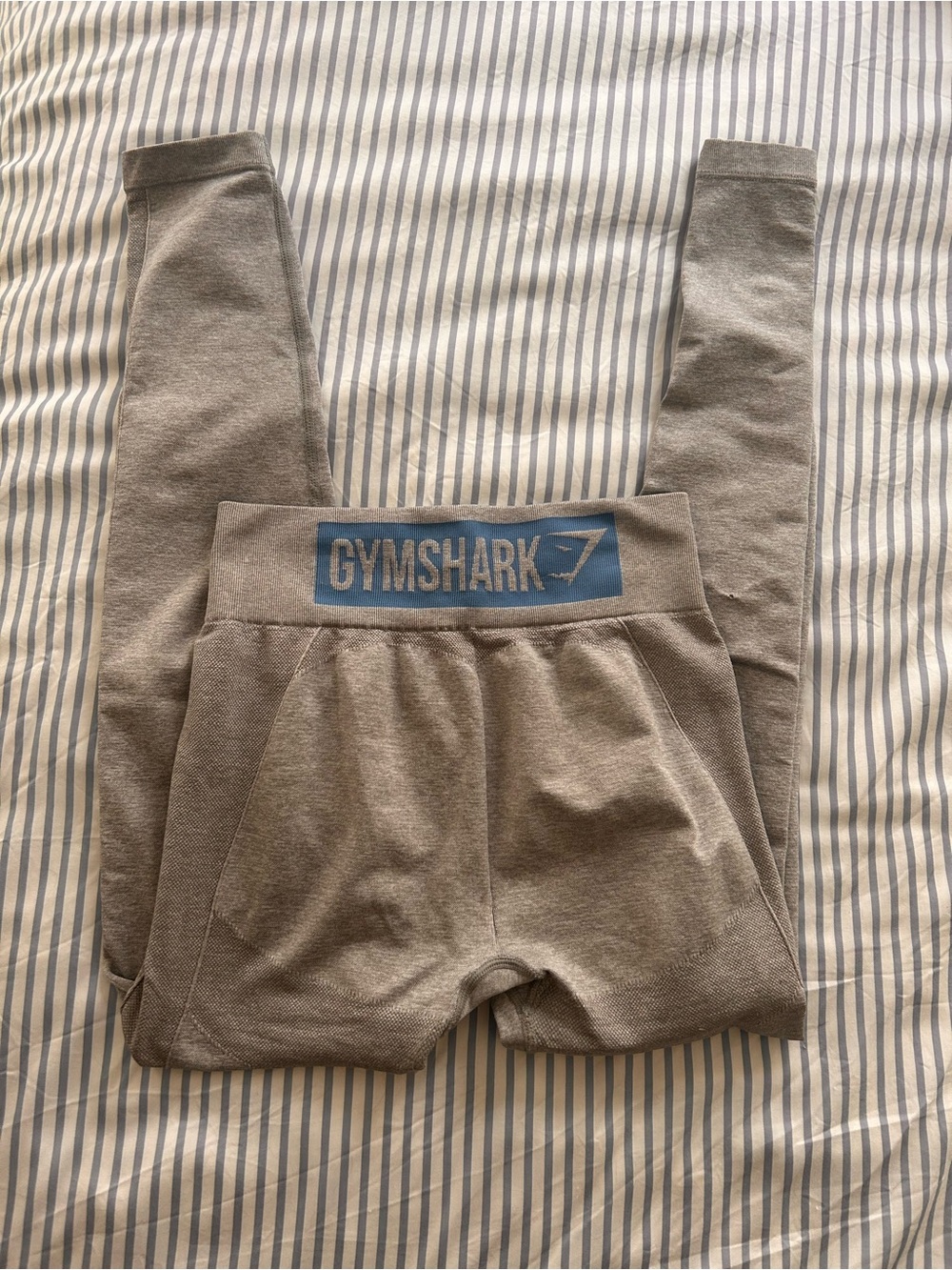 Gymshark Light Gray Leggings with Blue Logo Band